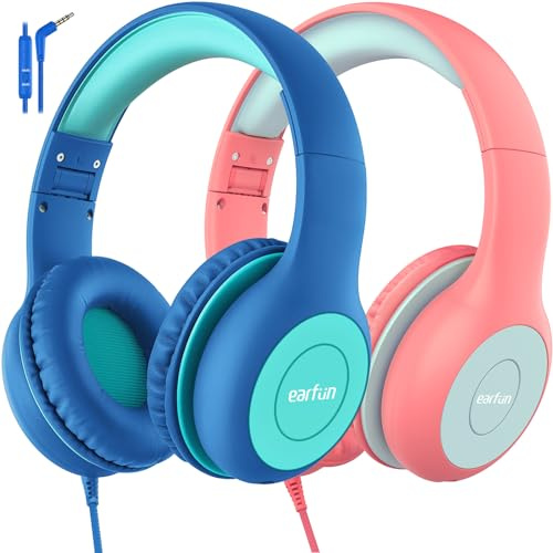 EarFun Kinder Kopfhörer mit 3,5 mm Kabel, Lautstärkebegrenzung, 2er, Blau | 85/94 dB für kindgerechtes Hören, bequem, klarer Klang, Audio Sharing, faltbar & verstellbar, Mikrofon, für Schule & Lernen