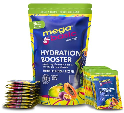 MEGA BASIC® HYDRATION BOOSTER - Elektrolyt Pulver - Basisch-Isotonisches Sportgetränk, Premium Elektrolyte - Für Sport, schnelle Regeneration & optimale Hydratation (20 x 20 g Sachets, Brasil)