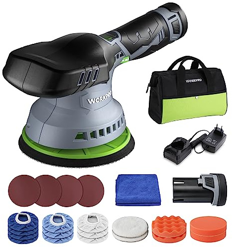 WORKPRO Exzenter Poliermaschine 12V, Akku Poliermaschine 2800-5500RPM | Exzenter Polier Polierer Kabellos 150mm, Mit 2 x 2,0Ah Akku & 1 Tasche & 23 Zubehör, Auto Polierer Set