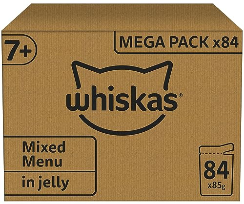 Whiskas Senior 7+ Katzennassfutter Gemischte Auswahl in Gelee, 84 Portionsbeutel, 84x85g (1 Großpackung) – Hochwertiges Katzenfutter nass, für Katzen ab 7 Jahren und älter