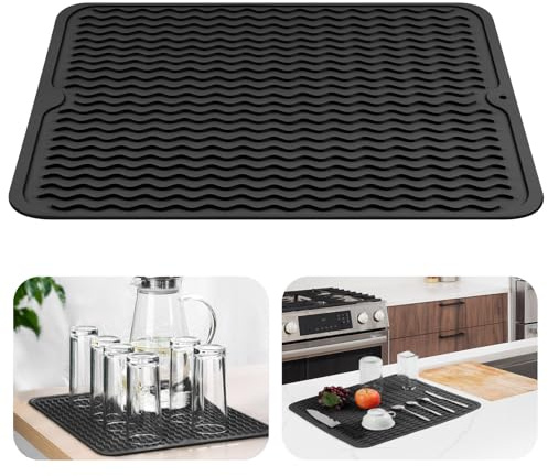 OSDUE Abtropfmatte Geschirr, 50 x 40 cm Abtropfmatte aus Silikon Spülbeckenmatte Hitzebeständige Rutschfeste Abtropfmatte mit Rillenstruktur für Küchenarbeitsplatten und Küchenspüle,Negro