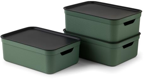 Jive 3er-Set Aufbewahrungsbox mit Deckel | 10l, A4 | Stapelboxen klein | mit Flechtmuster | modular & stapelbar | pflegeleicht & stabil | grün/anthrazit