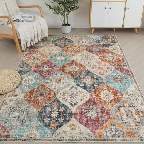 Xfrog Blumen Boho Teppich - Rutschfester Waschbarer Ultraweicher Antiker Niedriger Flor Flächenteppich für Wohnzimmer, Schlafzimmer, Kinderzimmer - 80 x 150 cm