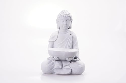 Hausleben Eleganter Sitzender Buddha mit Vogelbad – Magnesia-Statue in Zement-Optik 28,5×19×40 cm | Wetterfeste Gartenfigur & Wohn-Deko | Vielseitige Schale als Vogelbad, Kerzenhalter oder Deko-Schale