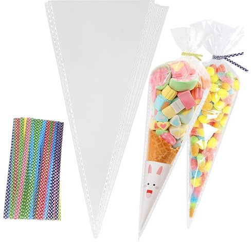 100 Stück Süßigkeiten-Tüten, 25×13cm Spitztüten Süßigkeiten, Zapfenbeutel mit 100 bunten Bändern, für Süßigkeiten, Kekse, Backen.