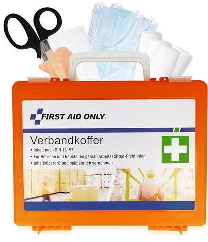 First Aid Only Erste Hilfe Koffer DIN 13157 mit Wandhalterung | Kompakter Verbandskasten für Betriebe und Haushalte gefüllt nach DIN 13157:2021 | Inkl. Tragegriff & Montagematerial | P-51002 00