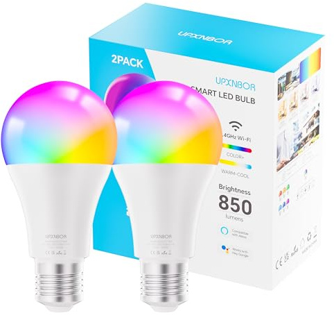 UPXNBOR Smarte Glühbirne E27, 9W, WLAN LED Lampe RGBWW Dimmbare mit 16 Millionen Farben, 850LM, Smart Home Alexa Zubehör, Kompatibel mit Alexa & Google Assistant, 2.4GHz, 2 Stück