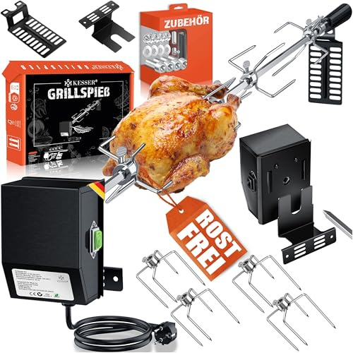 KESSER® Edelstahl Grillspieß Set 107cm passend für Weber Spirit Gasgrill, BBQ Fleischklammer, Griffstück und Motor Elektrischer Drehspieß 220V - 240V, Inkl. 4X Fleischnadeln und Montagezubehör Schwarz