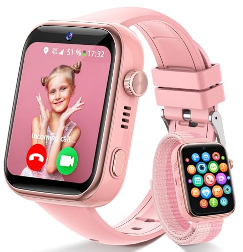 4G Smartwatch Kinder mit Videoanruf und Telefon, IP68 Wasserdicht Kinderuhr Voice Chat, WhatsApp, WiFi, GPS, SOS, SMS, Schulmodus, Schrittzähler, Schlafen Wecker Kinderuhr für Mädchen und Jungen, Rosa