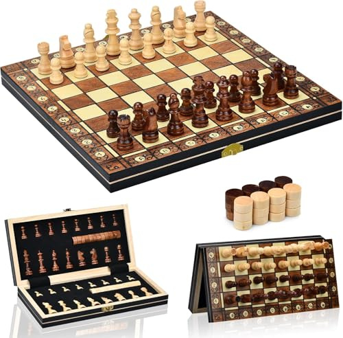 Aissom Schachspiel aus Holz,2 In 1 Schachspiel,Schachspiel Magnetisch mit Stauraum, klappbar für Party Familie Aktivitäten,reiseschach, schachspiel Kinder(29x29cm)
