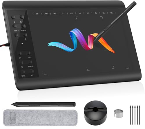 IMAGE Grafiktablett 10 x 6 Zoll große aktive Fläche mit 8192 Stufen batterielosem Stift und 12 Schnelltaste, kompatibel mit Windows/Mac/Android für Malerei, Design & Online-Unterricht, Schwarz