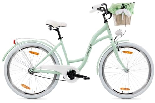 Goetze Style 26 Zoll Damen Citybike, 17 Zoll Tiefeinsteiger Rahmen, 1-Gang Rücktrittbremse, V-Bremse vorne, LED-Beleuchtung, Gepäckträger, Rattankorb, Komfortsattel, mit Ständer & Klingel