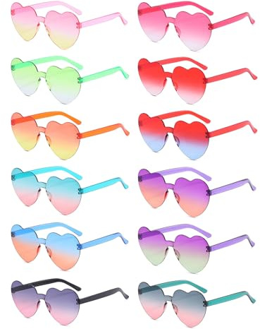 DAJOOEE 12er Set Gafas de Fiesta Partybrillen | Herzförmige & Bunte Sonnenbrillen | Ohne Rahmen & Hippie-Design | Perfekt für Karneval, Weihnachten, Stylische Accessoires für Kostümpartys