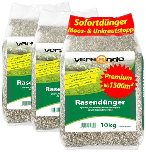 versando 30kg bis 1500m² Rasendünger Herbst: verdrängt Moos und Unkraut | für gesunden sattgrünen Rasen Herbstdünger mit Sofortwirkung - Premium Qualität