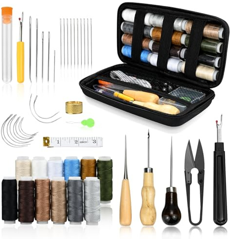 Leder Nähset, 48 Stück Leder Werkzeuge Set, Ledernähset mit Nähnadeln, Hochleistungs-Nähset mit Nähnadeln, Nähgarn für Reparaturen, Nähahle, Handnähen, Leder Werkzeuge Set für DIY Handwerk