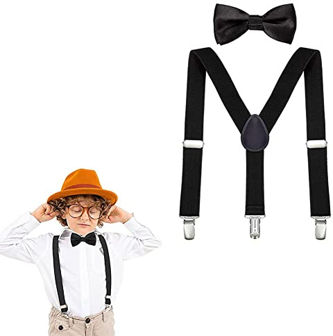 Butyeak Kinder Hosenträger Fliege Sets, Hosenträger Fliegen Set, Y-Form Einstellbar Hosenträger, Verstellbare Fliege und Hosenträger im Set für Jungen und Mädchen