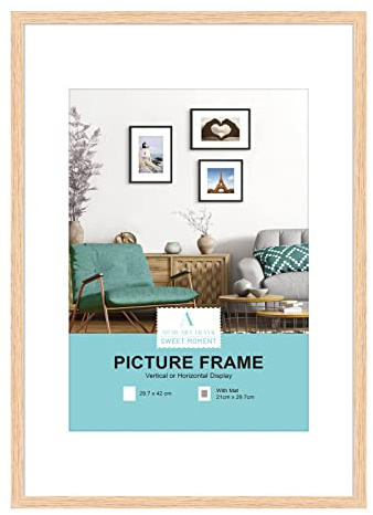 ATOBART A3 Zertifikat Bilderrahmen, Eiche Holz, 29.7x42 cm, Set von 1 | Mit Passepartout für A4 Druck, Posterrahmen, Mit Plexi-glass, Für Wandmontage Display