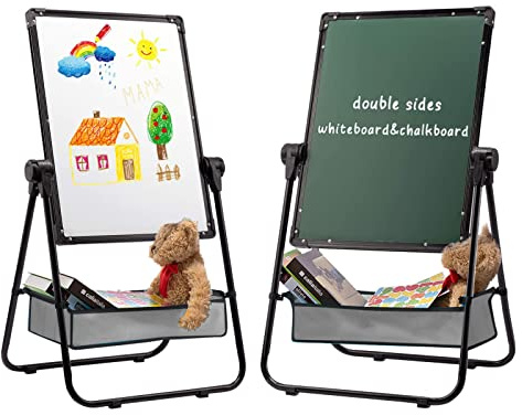 DOEWORKS Kinder Staffelei Magnetische Whiteboard U-Ständer, Doppelseitiges Whiteboard & Kreidetafel Schreibbrett mit Zubehör, Kinder Tafel Höhenverstellbar & 360°Rotation, Schwarz