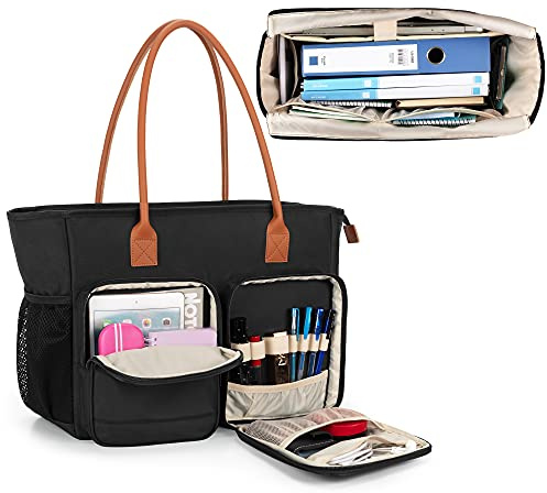 CURMIO Lehrertasche Damen Groß, Tragbare Aktentaschen mit Gepolsterte Laptop Fach für Frauen, ideal für Lehrer, Pädagogen, Schwarz (Leere Tasche）