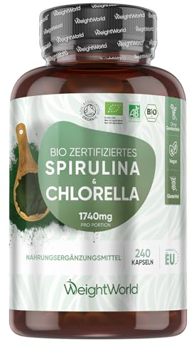 Bio Spirulina & Chlorella - 1740mg Pulver nur in 3 Kapseln - 2+ Monate Vorrat - 240 Vegane Kapseln - Alternative zu Chlorella Tabletten, Spirulina Presslinge & Pulver - Von WeightWorld
