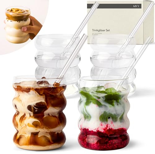 KIVY Trinkgläser 4er Set mit Glas Strohhalm - 350ml Bubble Gläser Eiskaffee | Wasser & Cocktails - Longdrinkgläser Set - Kaffee & Matcha Gläser - Kaffeegläser - Latte Macchiato Gläser - Iced Matcha