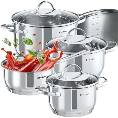 tectake® 7-tlg. Topfset, Edelstahl Kochgeschirr, Töpfe Set mit Deckel, Kochtopf Set für Induktionskochfeld, Gas- und Elektroherd geeignet, Küchensets, Topfsets für Wohnung oder Camping Geschirr