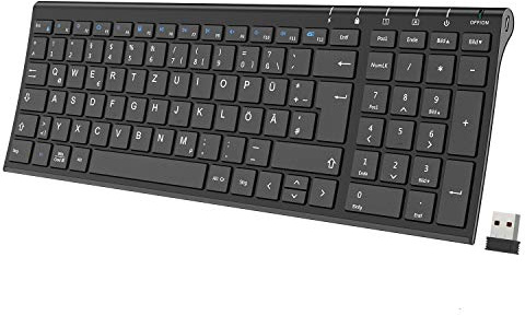 iClever Tastatur kabellos, 2.4 GHz Wireless Funk Tastatur mit Aluminium-Gehäuse, wiederaufladbar, Deutsches QWERTZ Layout, leise Flüster-Tasten, kompatibel mit PC, Laptop, Desktop & Windows 10/8/7