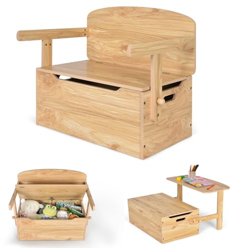 LIFEZEAL 3 in 1 Kinderbank, Holz Kindersitzbank mit Stauraum & Armlehenen, Sitztruhe Kinder inkl. Schreibtisch, Spielzeugtruhe Spielzeugkiste geeignet für Kinder von 3 bis 7 Jahren (Natur)
