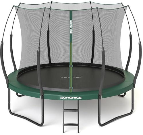 SONGMICS Federloses Trampolin Ø 305 cm, Trampolin Outdoor für Kinder, elastische Seile, Sicherheitsnetz mit Reißverschluss, Glasfaserstangen, sicher, geräuscharm, dschungelgrün STR106C01
