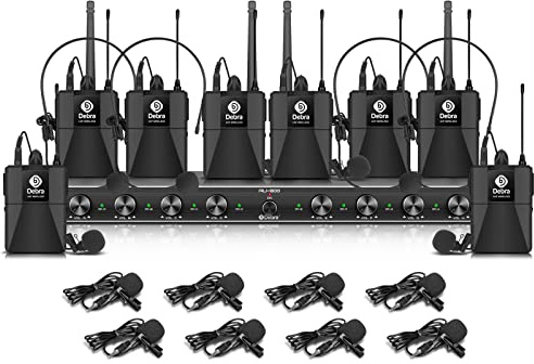 D Debra AU800 Pro UHF 8-Kanal Kabelloses Mikrofonsystem, 8 Bodypack Mikrofone, Metall-Empfänger, Perfekt für Karaoke, Kirche, Party