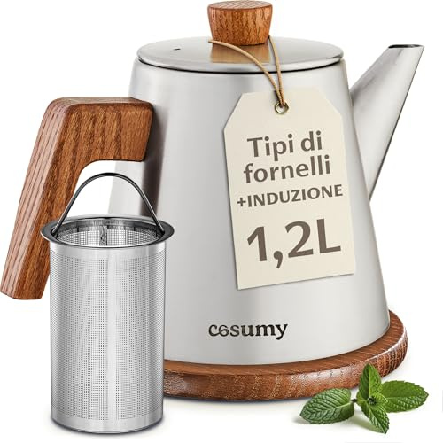 Cosumy Teekanne mit Siebeinsatz und Untersetzer - Dickes Edelstahl - Induktion & alle anderen Herdarten - 1200ml - Thermo Teekanne Metall mit Warmhaltefunktion