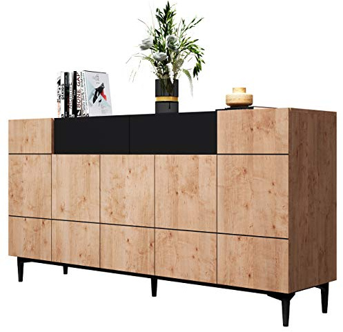 Newfurn Kommode Schwarz Wildeiche Sideboard Vintage Industrial - 180x90x42 cm (BxHxT) - Highboard Anrichte - Wohnzimmer Schlafzimmer Flur Esszimmer