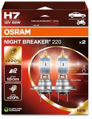 Osram NIGHT BREAKER 220, H7, +220% mehr Helligkeit, Halogen-Scheinwerferlampe, 64210NB220-2HB, Faltschachtel (2 Lampen)