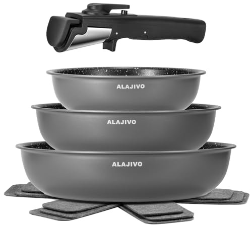 Pfannenset mit Abnehmbarer Griff, Pfanne Induktion, Bratpfanne mit Antihaft beschichtung, 7-Teiliges, 20+24+28 cm Platzsparend Pfannen, Pfannen Set für alle Herdarten, Spülmaschinen, Ofenfest (grau)
