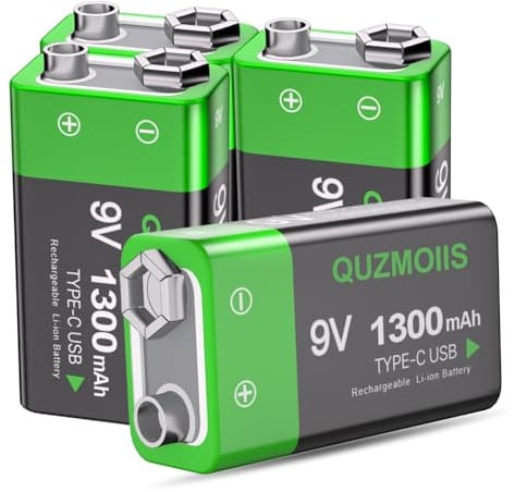 QUZMOIIS 9V Akkus Block Wiederaufladbar, 1300 mAh Hohe Kapazität Lithium-Ionen 9 Volt Blockbatterie Akku mit USB-C-Ladekabel ideal für Rauchmelder, Feuermelder, Alarme, Multimeter 4-Stück