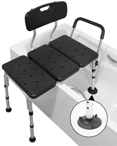 PEPE Mobility Badewannensitz Senioren, Transferbank mit Armlehnen, Schwarz | Höhenverstellbar von 84 bis 94 cm, Aluminium mit rutschfesten Saugnäpfen, Gepolsterter Duschstuhl, 77 x 50,5 cm