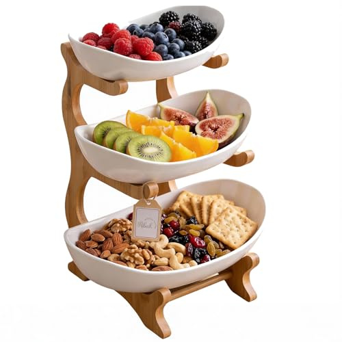 Ribech Obstständer 3-stöckig aus Bambus, Mehrstöckiger Obstkübel mit dicken Kunststoffschalen, Küchenorganizer für Obst, Gemüse und Snacks, Deko-Etagere aus Bambus für Küche Wohnzimmer