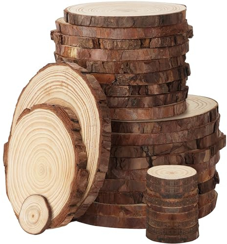 Kurtzy Natürliche Holzscheiben zum Basteln (30 Stk.) 3-16 cm Durchmesser - Holzscheiben Rund mit Rinde und Ohne Loch - Baumstamm Scheiben zum Beschriften für DIY Kunst und Weihnachtsschmuck