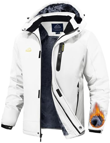 Rdruko Skijacke Herren Winterjacke Snowboardjacke Warme Fleece GefüTtert Winter Jacke Wasserdicht Funktionsjacke Männer Outdoor Wanderjacke mit Kapuze-Weiß L