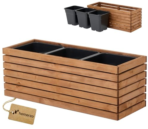 HOMERZO Pflanzkübel Holz – imprägniert wetterfest – mit herausnehmbarem Kunststoffeinsatz – Hochbeet Blumenkasten für Balkon Garten Terrasse (Horizontal-braun 98x36 H35 cm)