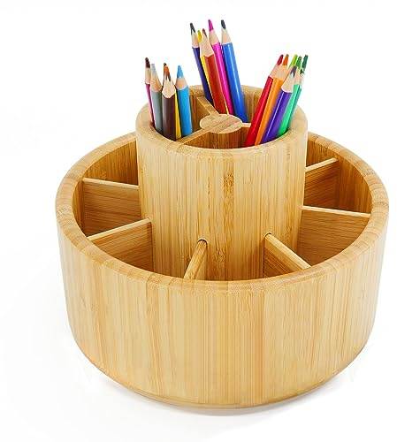 Utoplike Bamboo Desk Organizer,Schreibtisch Organizer,Drehbar Stiftehalter | Große Kapazität Pen Holder Lagerung für Bleistifte, Farbstifte, Pinsel, 360 Grad drehbar Büro Veranstalter, Holz Farbe