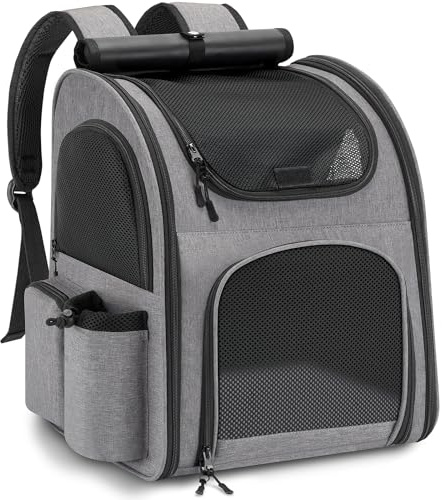 Hunderucksack bis 10kg, Haustier Rucksack mit Netzfenster, Faltbare Katzenrucksack Hunde Rucksack, Atmungsaktive und Leichte Dog Cat Backpack mit Innerer Sicherheitsleine und Haustiermatte - Grau