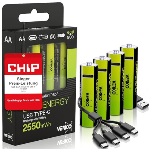 [Preis-LEISTUNGSSIEGER*] 4er Set: VERICO LoopEnergy Pack AA wiederaufladbare Batterien, Lithium Akku Batterie wiederaufladbar, aufladbare Battery mit Type A auf 4X USB-C Ladekabel, aufladbar