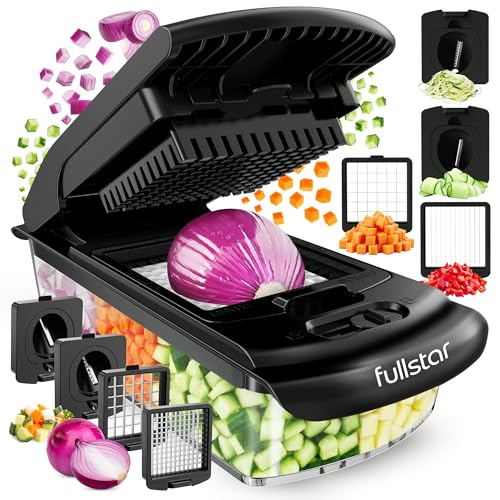 Fullstar Gemüseschneider und Spiralschneider - Zwiebelschneider Zerkleinerer - Gemüse Schneider Würfelschneider für Kartoffeln Gurken Früchte - Küchenzubehör und Küchengeräte (PRO 4-in-1, Schwarz)