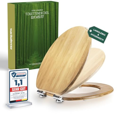 WACHABERGA Bambus Toilettendeckel mit Absenkautomatik Holz, Ovaler WC-Sitz | Softclose WC-Deckel für ovale Standard-WCs. Edelstahl-Scharniere verhindern Wackeln. Antibakteriell und bis 175 kg belastbar.