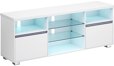 VASAGLE Kailyn Kollektion - TV-Schrank mit LED-Beleuchtung, Fernsehtisch, TV-ständer für Fernseher bis zu 70 Zoll, mit offenen Ablagen, 2 Schränke mit Türen, 160 cm, für Wohnzimmer, weiß LTV331T10