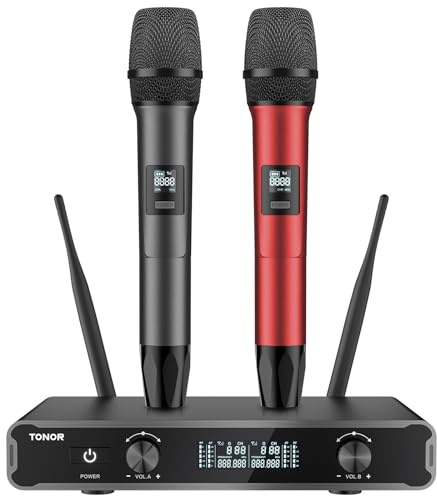 TONOR Dual Mikrofon Kabellos System, Funkmikrofon drahtloses Karaoke Mikro Set Wireless Microphone 60 m Reichweite mit Empfänger für Hochzeit Party Kirche Vortrag Bühne Reden Konferenz TW450 Grau-Red