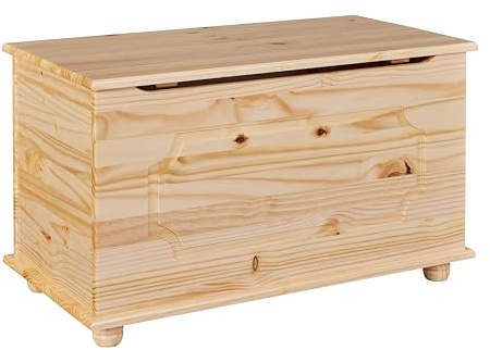 Inter Link - Spielzeugtruhe – Spielzeugkiste – Sitztruhe – Aufbewahrungstruhe – Containerbank - Kinderzimmer – Sitzbank mit Stauraum - Kiefer massivholz – Natur lackiert – Emel