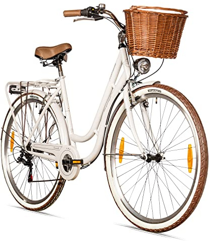 Bergsteiger Marseille 28 Zoll Damenfahrrad, ab 150 cm, Korb aus Rattan, Fahrrad-Licht, Damen-Citybike, Damenrad im Retro-Design«, 6 Gang Tourney Schaltung, Kettenschaltung