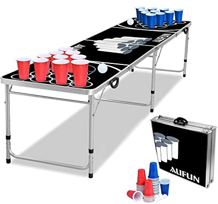 HENGMEI Beer Pong Tisch Set Klappbarer Bierpong-Tisch Audio Table Design inkl. 100 Becher (50 Rot & 50 Blau) 5 Bälle Wurfspiele für den Sommer & Festival Partyspiele Trinkspiele, Schwarz